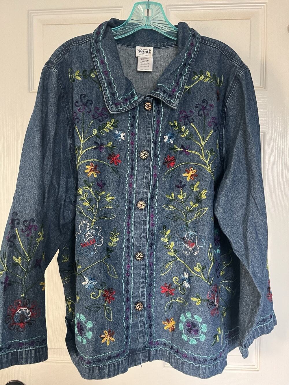 VTG 90s Gunit Fashions Denim Button Up Shacket Floral Embroidery Plus Size 1X 2x